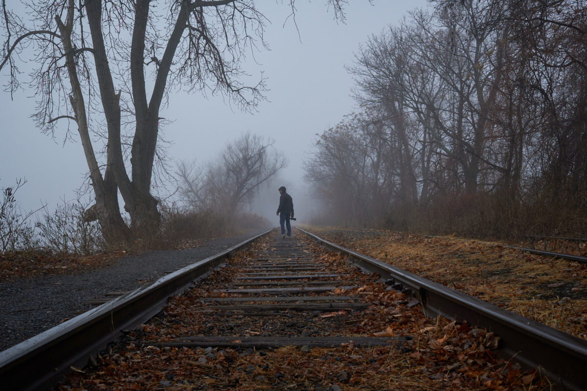 Silhouette of a person walking on train tracks receding into foggy distance, surrounded by bare trees in a gloomy landscape.